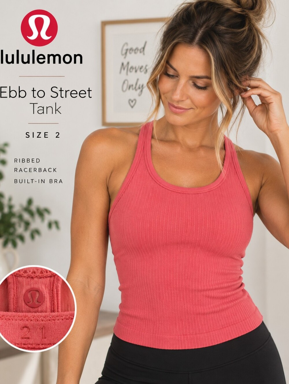 Lululemon Ebb to Street Tank Top Size 2 Pink Ribbed Racerback Built In Bra